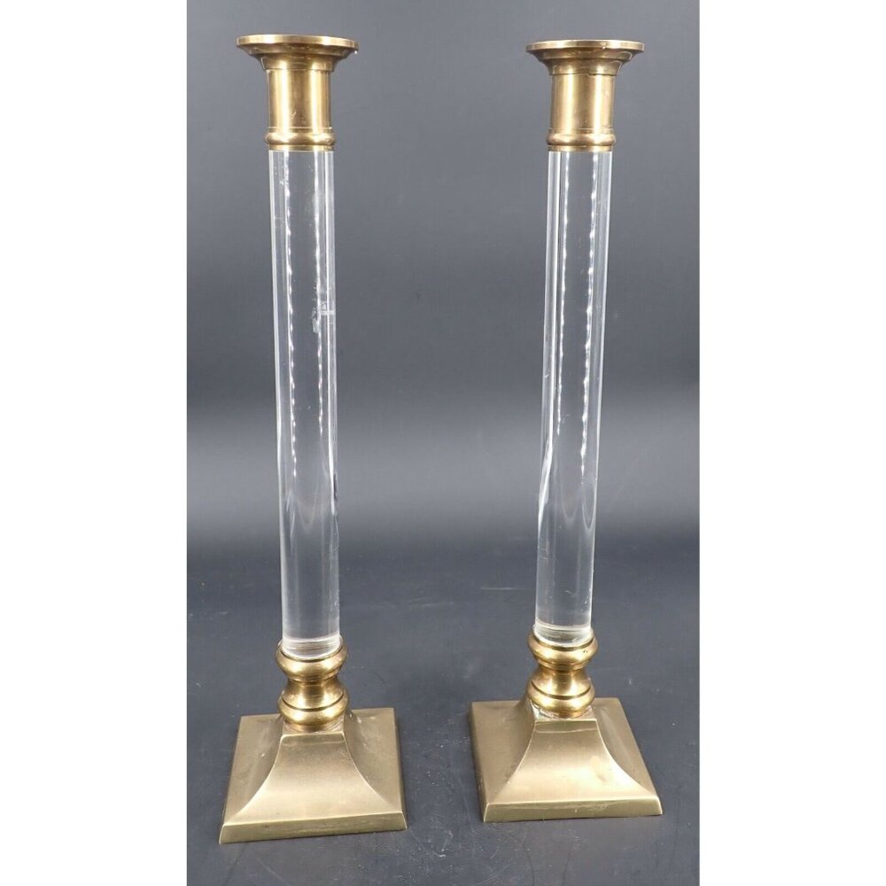 Vintage Clear Lucite and Brass Mid Century Candle Sticks